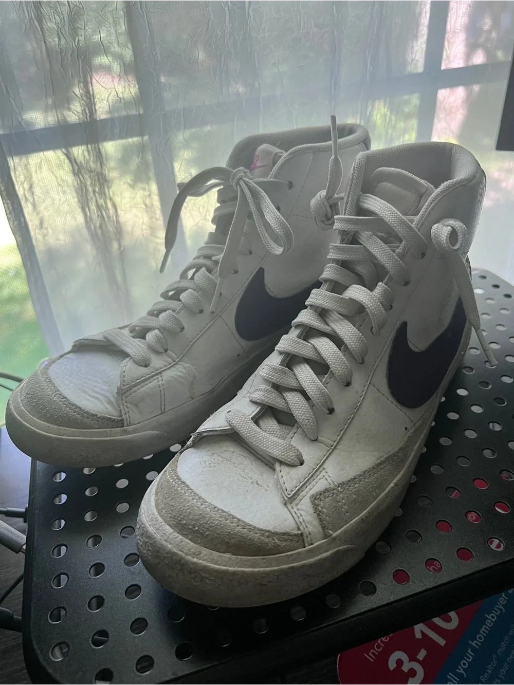 Nike Women's White High-Top Sneakers with Purple Swoosh and Pink Nike Script